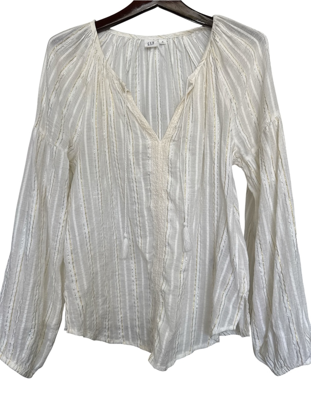 GAP Cream Striped V-Neck Peasant Top with Tassel Ties